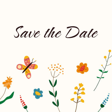 Save the date botanical card design with blooming wild flowers and butterfly. Floral wedding invitation template. natural marriage background. color flat vector illustrationのイラスト素材