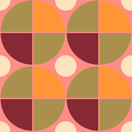 Modern geometric seamless pattern with circle and quadrant shapes. Simple trendy graphic design for print, cover, fabric, wallpaper. Color repeat texture in green, orange, pink tonesのイラスト素材