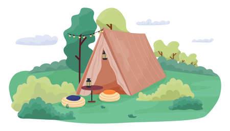 Glamping house standing on lawn in forest. Comfortable luxury tent in nature for summer recreation, vacation, weekand. Glowing light bulbs on trees and lantern inside tent. vector illustrationのイラスト素材