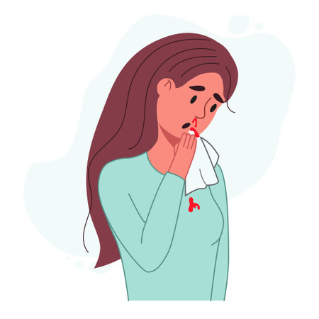 Woman has a nosebleed. Young female character tilted her head forward and applied napkin to her bloody nose. Health problem concept. color flat vector illustrationのイラスト素材