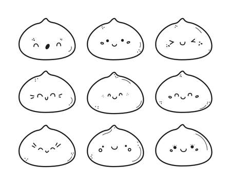 Cute mochi icon vector set. Cartoon funny characters with kawaii faces. Japanese traditional rice dessert. Mochi illustration in sketchy doodle style isolated on white backgroundのイラスト素材