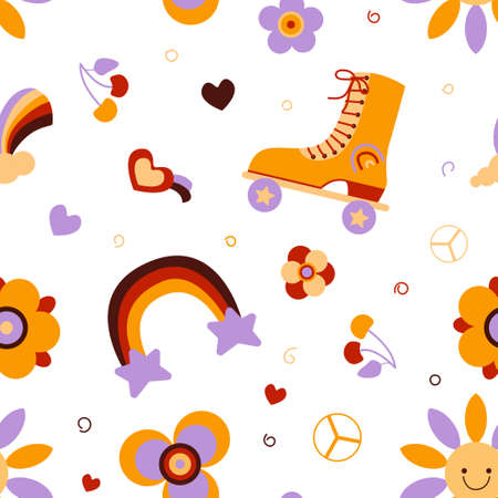 Retro roller skates seamless pattern background. Vintage 70s style texture. Cool hippie vector...