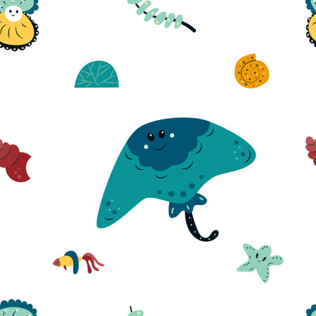 Colorful seamless pattern with funny marine animals, seashells and seaweed on white background. Ornament with cute sea and ocean underwater creatures. Cartoon vector illustration for kid print, fabricのイラスト素材