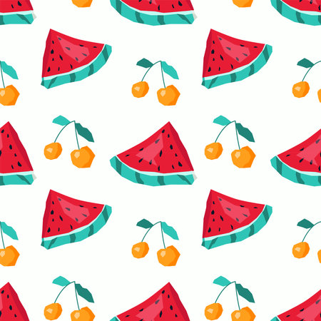 Watermelon and cherry seamless pattern background. Colored vector illustrationのイラスト素材