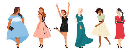 Set of beautiful diverse multicultural women in evening outfits. Fashion multiracial girls wearing different dresses. Flat vector illustration isolated on white backgroundのイラスト素材