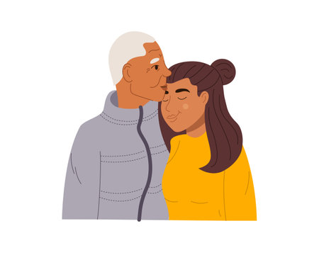 Portrait of teen daughter and her elderly gray-haired father. Happy black african american family hug and feel love for each other. Flat vector illustration isolated on white backgroundのイラスト素材