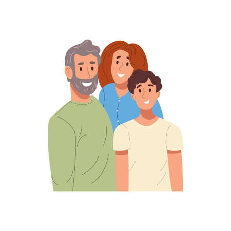 Happy family portrait with old father, mom and son standing next to each other. Healthy friendly...