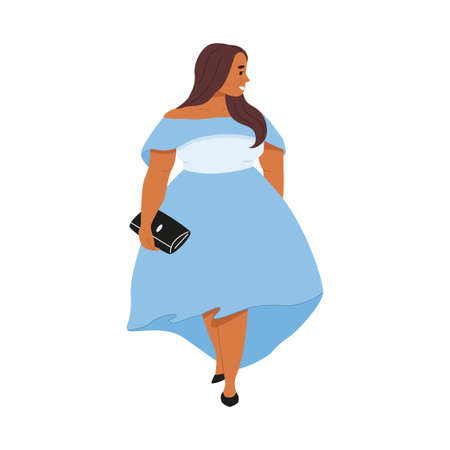 Young stylish plus size woman wears mid length blue dress, black clutch and shoes. Chubby cute female character posing and smiling. cartoon body positive people vector illustrationのイラスト素材