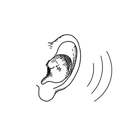 Doodle human ear listening sounds. Hand drawn hearing symbol. Vector illustration isolated on white backgroundのイラスト素材