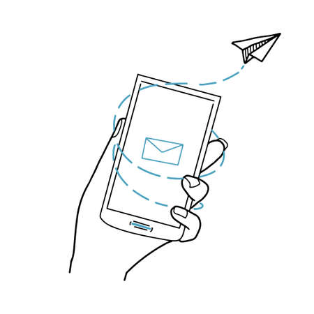 Hand drawn sending email message and flying paper plane. Mail concept in doodle style. Vector illustration isolated on white backgroundのイラスト素材