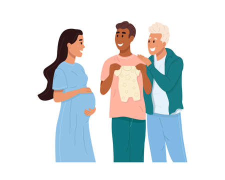 Couple becoming parents through surrogacy. Expectant mother holds on big belly and smiles at fathers. Happy men smile while holding clothes for baby. color flat vector illustrationのイラスト素材