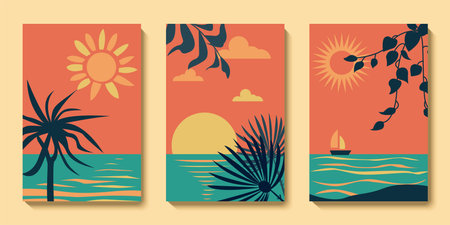 Set of summer abstract modern landscape poster, sea background. Sunset beach, palms, ocean. Modern aesthetic wall art poster collection. Vector minimalist illustrationsのイラスト素材