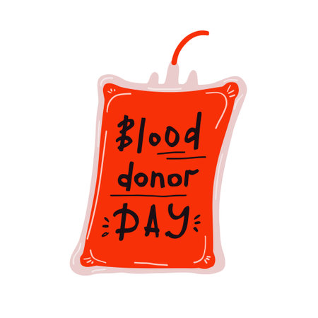 Blood Donor Day hand drawn illustration with typography. Phrase quote lettering on the bag with blood. Donorship concept. Doodle style vector illustration isolated on white backgroundのイラスト素材