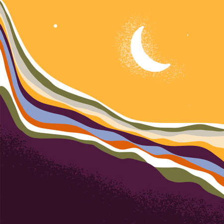 Abstract night landscape with mountains, stars and crescent moon. Colored hand drawn outdoor background. Minimalist modern art print. Vector illustration for poster, wall decor, cardのイラスト素材
