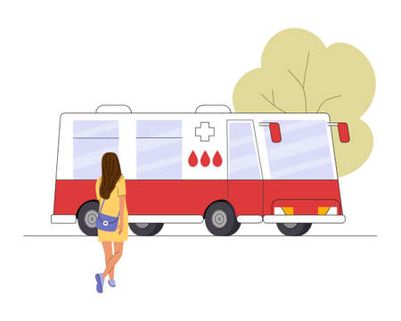 Young donor woman go to the mobile blood donation bus. Girl volunteer entering to medical center vehicle. Charity and relief work concept. Color flat vector illustration isolated on white backgroundのイラスト素材