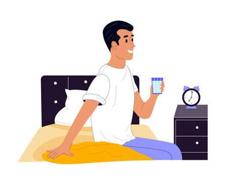 Young man drinking water from glass in the morning. Smiling guy sitting on bed in his room. Healthy lifestyle concept. Color flat vector illustration isolated on white backgroundのイラスト素材