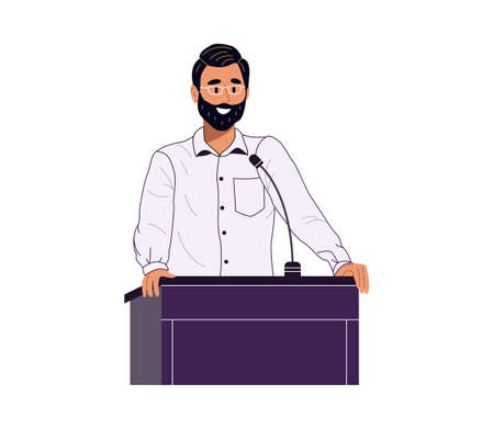Young businessman or politician man speaks into microphone standing behind podium. Confident smiling speaker character giving a speech. Flat vector illustration isolated on white backgroundのイラスト素材