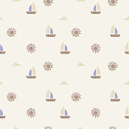 Cute ship baby print. Boho summer repeating texture with boat, sun, clouds. Vector cartoon seamless...
