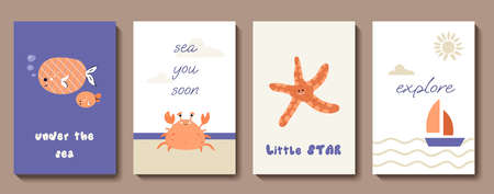 Cute undersea world card set. Ocean sea nursery posters with fish, crab, star, ship. Vector cartoon illustration collectionのイラスト素材