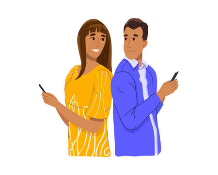 Smiling young couple friends man woman standing back to back, using mobile phones, looking at each other. Happy guy and girl with telephones. Colored flat vector illustrationのイラスト素材