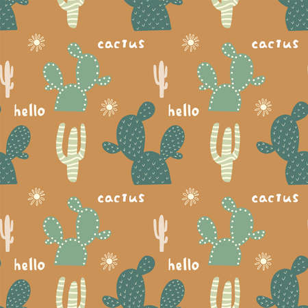 Seamless pattern of cactus and hand written lettering. Cartoon cute desert plant texture. Summer print in bohemian style. Vector illustration in natural colors and tonesのイラスト素材