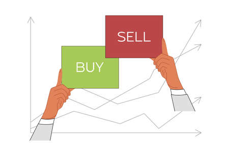 Buying and selling investments concept. Male hands hold buy sell sign banners. flat vector illustrationのイラスト素材