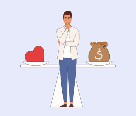 Businessman is standing near scales and choosing between love and money. Young man thinking about balance of money and relationships. flat vector illustrationのイラスト素材