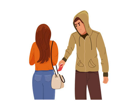 Thief man stealing wallet from bag of young woman. Male pickpocket take money from girl walking alone on the street. Theft concept. Isolated color flat vector illustartionのイラスト素材