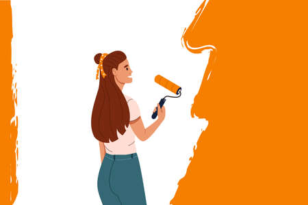 Young woman painting wall orange. happy girl holding paint roller. Apartment renovation, home repair, decoration concept. color flat vector illustrationのイラスト素材