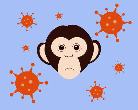 Monkey head icon with virus cells. New viral disease Monkeypox. Color flat vector illustration on blue backgroundのイラスト素材