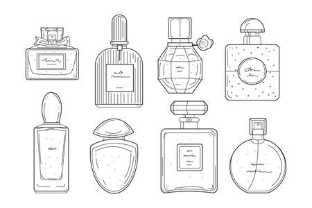 Hand drawn perfume bottles line icons set. Glass flasks with perfume, eau de toilette, fragrance in doodle style. vector illustrationのイラスト素材