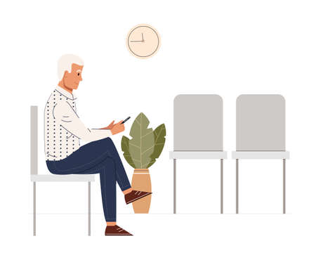 Young man sitting in a waiting room. Male cartoon character using smartphone while waiting. Colored flat vector illustration isolated on white backgroundのイラスト素材