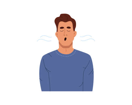 Man doing breathing exercises. Guy deep inhales and exhales air. Relaxation, healthy lifestyle...