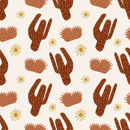 Western cactus summer seamless pattern. Tropical exotic cacti endless background. Boho desert plants and sun backdrop. Vector illustration for fabric print, wallpaper, coverのイラスト素材