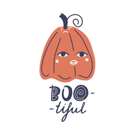 Boo-tiful hand drawn lettering quote and orange pumpkin character with eyes and lips. Halloween cute calligraphy for t shirt print, greeting card, typography, holiday decoration. vector designのイラスト素材