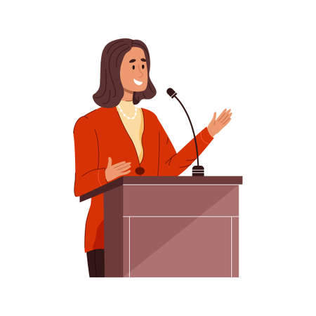Confident smiling businesswoman speaks into microphone standing behind podium. Female leader giving a speech. Flat vector illustration isolated on white backgroundのイラスト素材