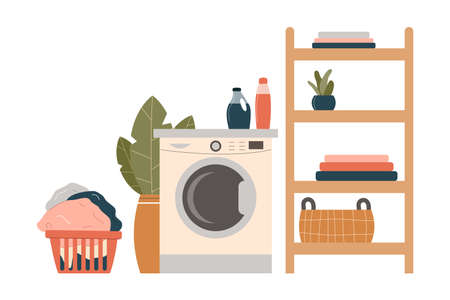 Washing machine, dirty clothes in basket, detergents, shelves with clean sorted laundry. Laundry room concept. Color flat vector illustration isolated on white backgroundのイラスト素材