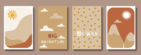 Cute Bohemian card set. Boho nursery posters with mountains, sun, moon, landscape, clouds. Vector...