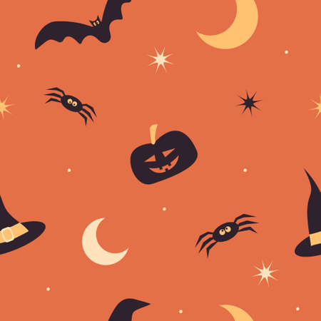 Halloween seamless pattern with silhouettes of pumpkin, bat, spider, witch hat, moon. Halloween holiday celebration endless texture. Vector illustration on orange backgroundのイラスト素材