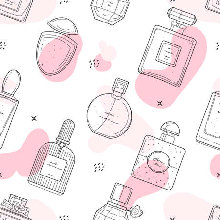 Hand drawn perfume bottles seamless pattern. Fragrance texture in doodle style. Vector illustration for print, textile, wrapping paper, web background, perfumery shop advertisingのイラスト素材