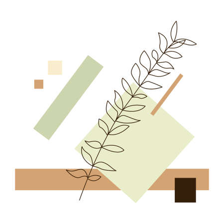 Abstract leaf line art vector. Hand drawn foliage with earth tone geometric shapes. Minimalist contemporary botanical vector illustration design for greeting card, wedding invitation, wall artのイラスト素材
