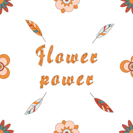 Retro groovy hippie flowers feathers seamless pattern in 60s 70s style. Autumn boho floral repeating print. Vector modern design for fashion fabric, textile, wrapping gift paper, web backgroundのイラスト素材