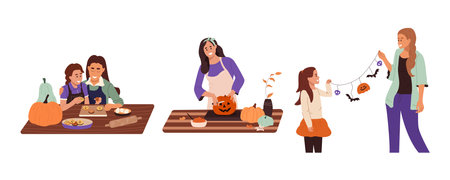 People preparing for celebration of Halloween. Female characters carve pumpkins, decorate house, cook festive food. Happy family - mother and daughter together. Set of flat vector illustrationsのイラスト素材