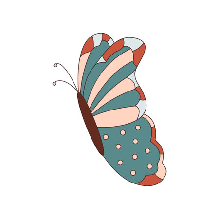 Abstract retro flying butterfly 70s 60s groovy hippie vector illustration isolated on white. Cute boho print for t shirt, sticker, posterのイラスト素材