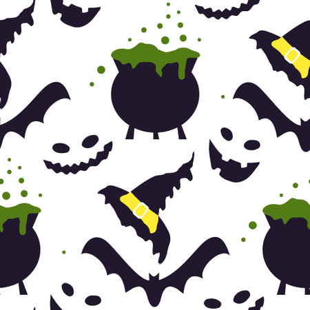 Halloween magic pattern with witchcraft elements. Witch hat, cauldron, bat, potion, skull faces. Spooky cartoon texture for wrapping paper, holiday decoration. Magician vector repeating backgroundのイラスト素材