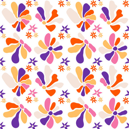 Abstract 70s groovy floral seamless pattern. Retro trippy cute flowers surface design. Psychedelic colorful vector repeating background. vintage hippy textureのイラスト素材