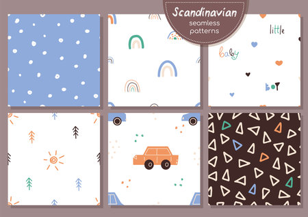 Childish seamless patterns set in Scandinavian style. Boho vector backgrounds with polka dots, rainbows, cars, hearts, triangles and trees. Cute repeating print for baby boy nursery, fabric, wallpaperのイラスト素材