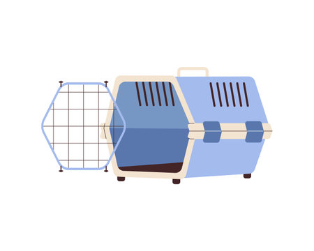 plastic pet carrier. Blue container for cats and dogs travel, transportation. domestic animal bag. Flat vector illustration isolated on white backgroundのイラスト素材