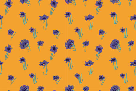 Hand drawn abstract flowers pattern. Floral seamless background design with blooming violet buds. Vector illustration for wrapping paper, wallpaper, fabric print, interior decorのイラスト素材