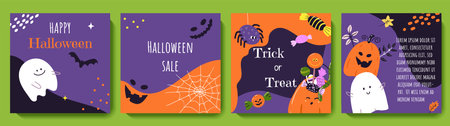 Happy Halloween greeting card set. Cute autumn backgrounds with pumpkin, ghost, busket of candies, spider web. Colorful flat vector templates for social media post, online ad, invitation, postcardのイラスト素材
